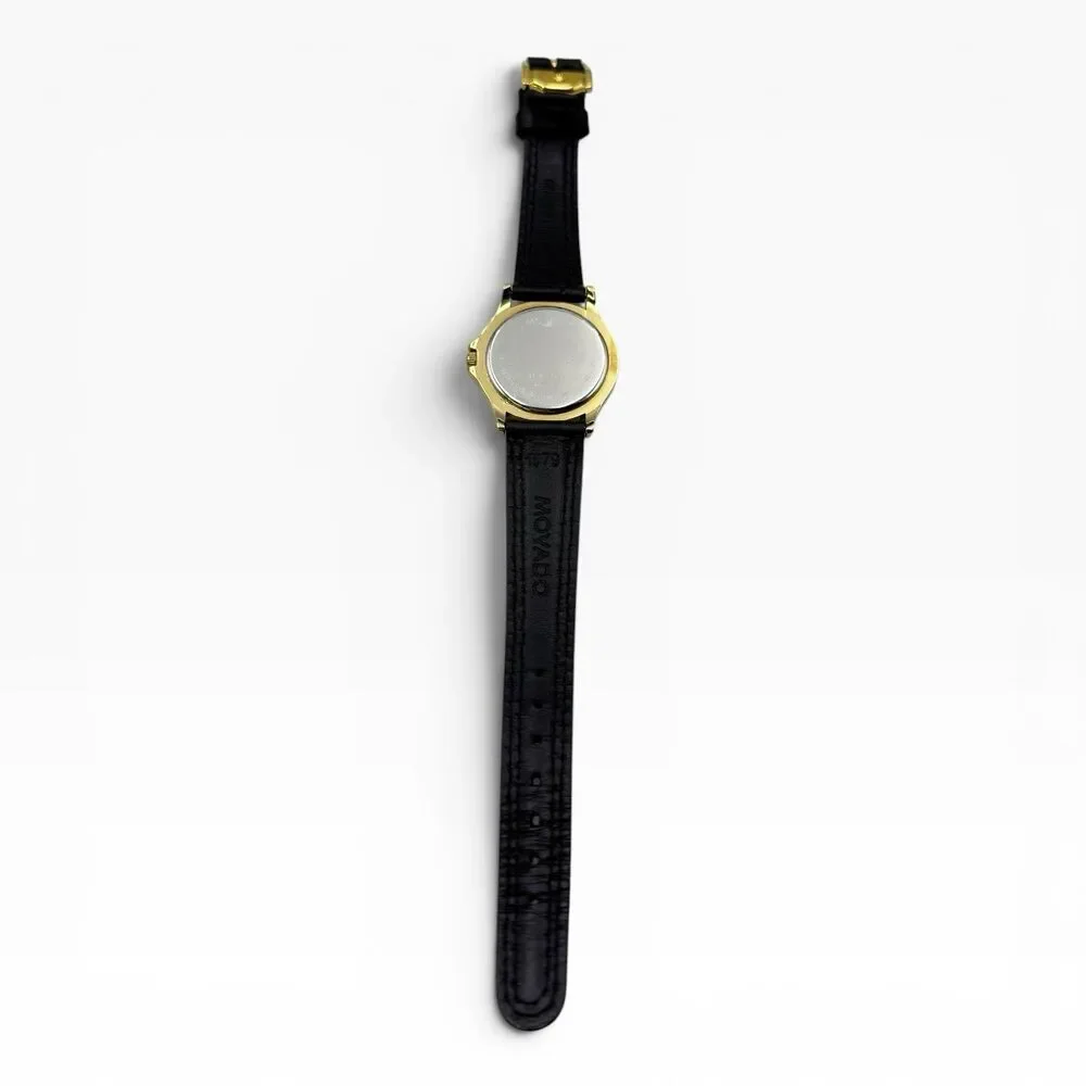Movado Museum Women Quartz Watch 87 E4 0823 Gold Plated Black Leather Swiss Made